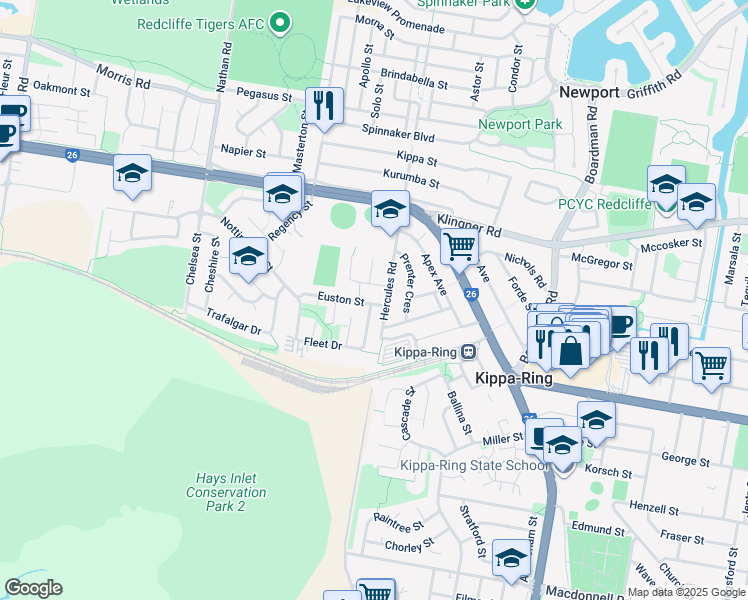 map of restaurants, bars, coffee shops, grocery stores, and more near 99 Hercules Road in Kippa-Ring