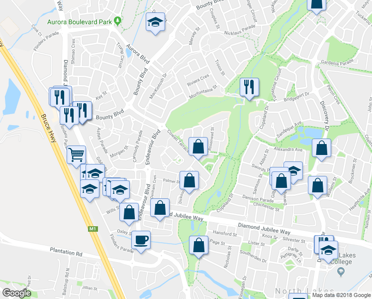 map of restaurants, bars, coffee shops, grocery stores, and more near Cowen Terrace in North Lakes