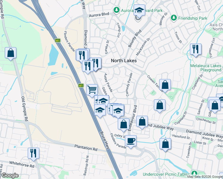 map of restaurants, bars, coffee shops, grocery stores, and more near 1 Morgan Street in North Lakes