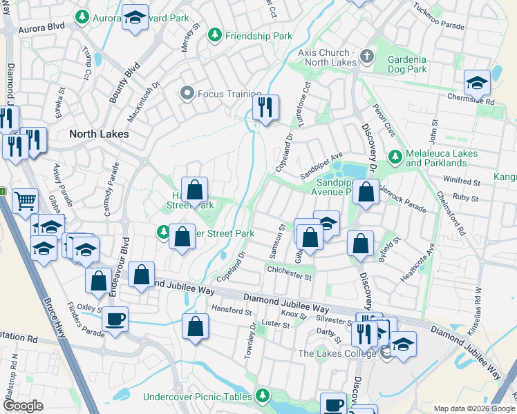 map of restaurants, bars, coffee shops, grocery stores, and more near 40 Swords Parade in North Lakes