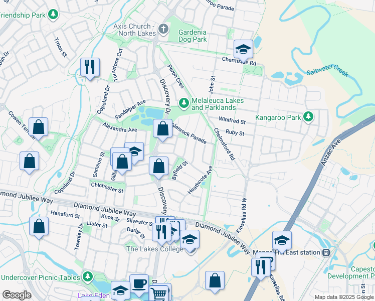 map of restaurants, bars, coffee shops, grocery stores, and more near 8 Canundra Street in North Lakes
