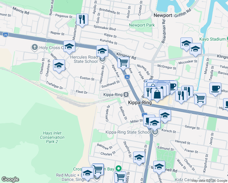 map of restaurants, bars, coffee shops, grocery stores, and more near 27 Kroll Street in Kippa-Ring