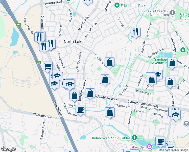 map of restaurants, bars, coffee shops, grocery stores, and more near 18 Cowen Terrace in North Lakes