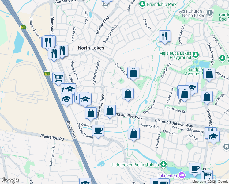map of restaurants, bars, coffee shops, grocery stores, and more near 17 Palmer Street in North Lakes