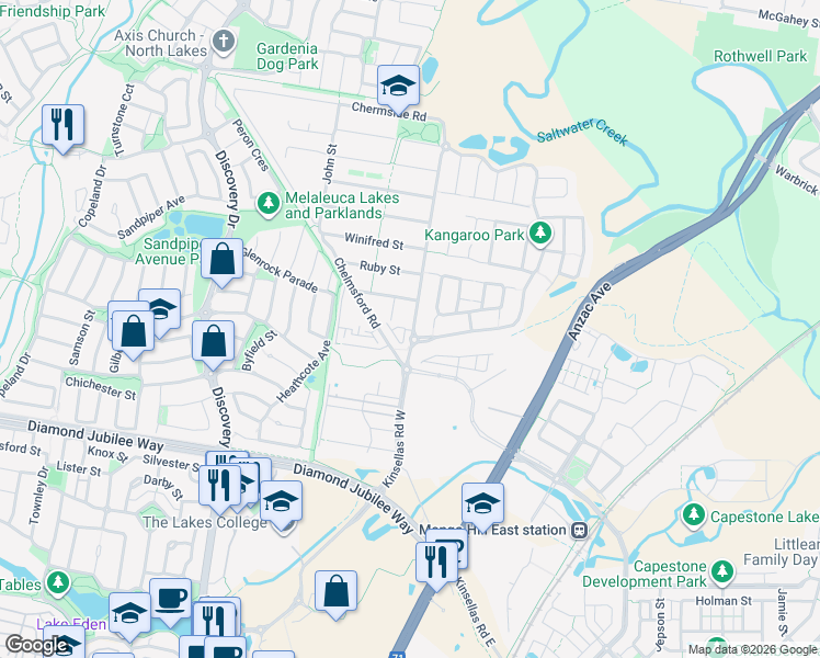 map of restaurants, bars, coffee shops, grocery stores, and more near 128 Kinsellas Road West in Mango Hill