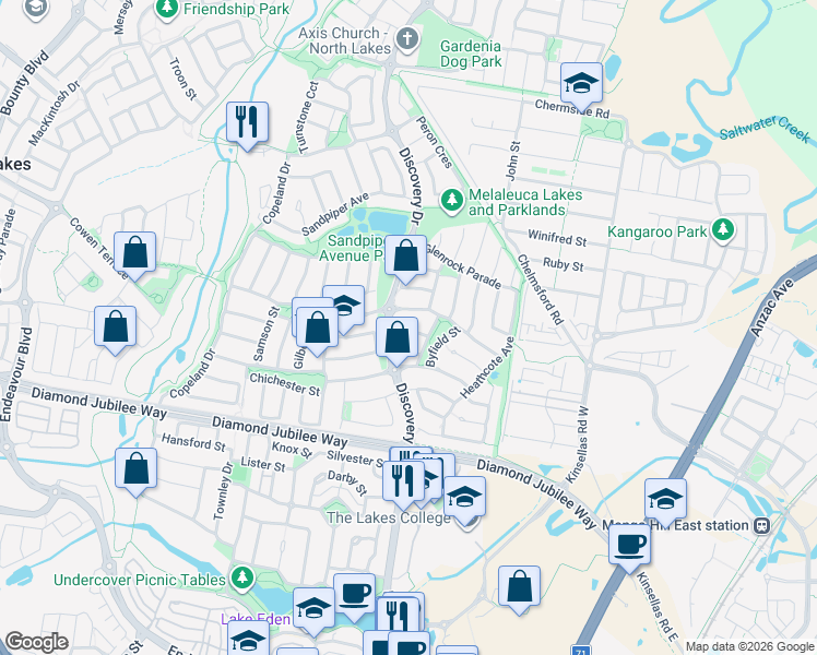 map of restaurants, bars, coffee shops, grocery stores, and more near 8 Conjola Street in North Lakes
