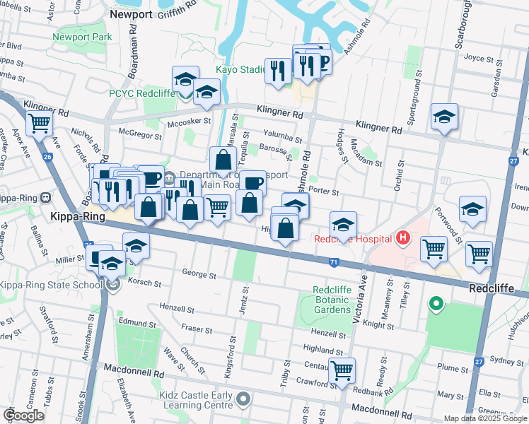 map of restaurants, bars, coffee shops, grocery stores, and more near 17 Beach Street in Kippa-Ring
