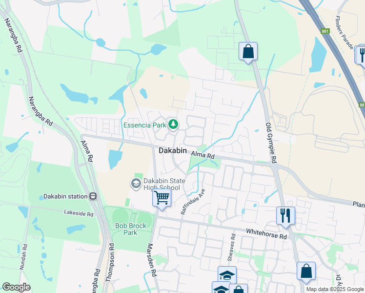 map of restaurants, bars, coffee shops, grocery stores, and more near 18A Bowerbird Crescent in Dakabin