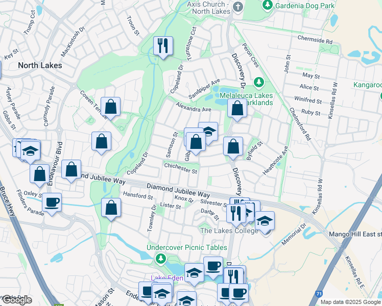 map of restaurants, bars, coffee shops, grocery stores, and more near 6 Gilbert Street in North Lakes