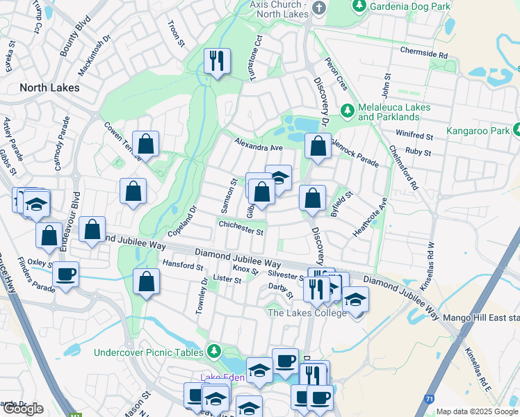 map of restaurants, bars, coffee shops, grocery stores, and more near 6 Gilbert Street in North Lakes