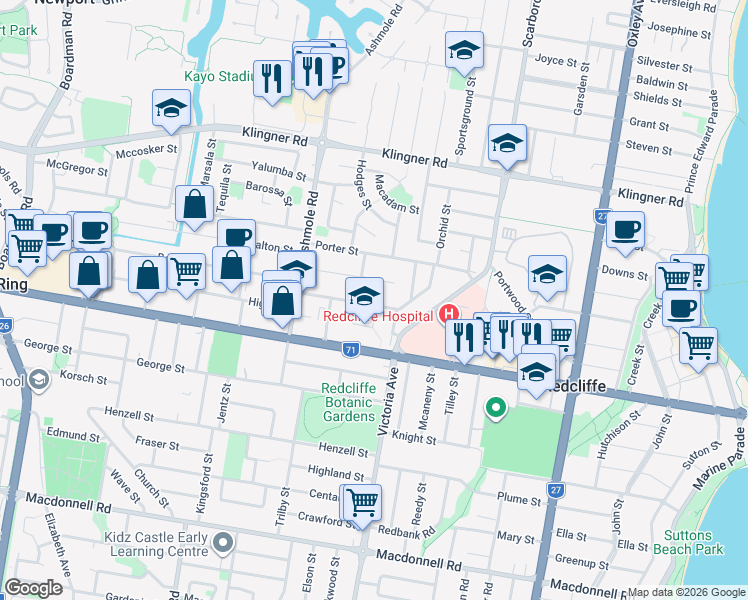 map of restaurants, bars, coffee shops, grocery stores, and more near 3 Meerawa Street in Redcliffe