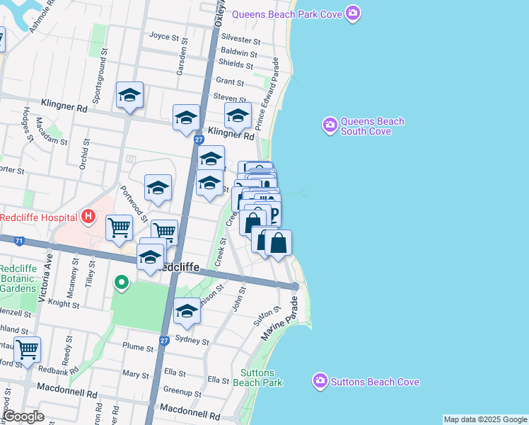 map of restaurants, bars, coffee shops, grocery stores, and more near Redcliffe Parade in Redcliffe