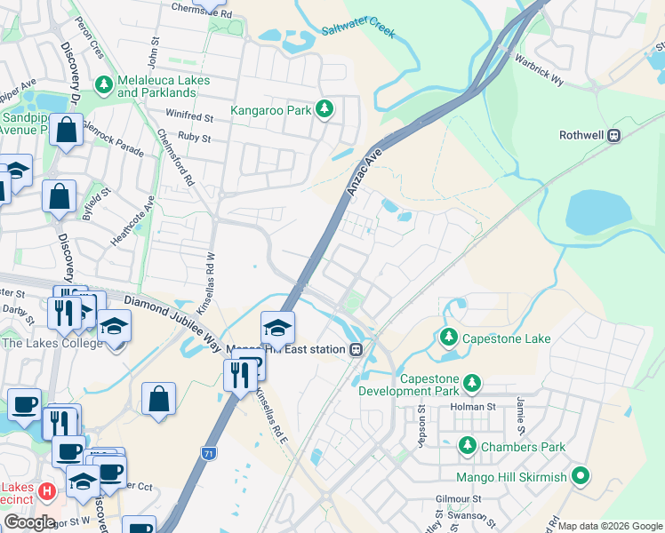 map of restaurants, bars, coffee shops, grocery stores, and more near 18 Uhlman Street in Mango Hill