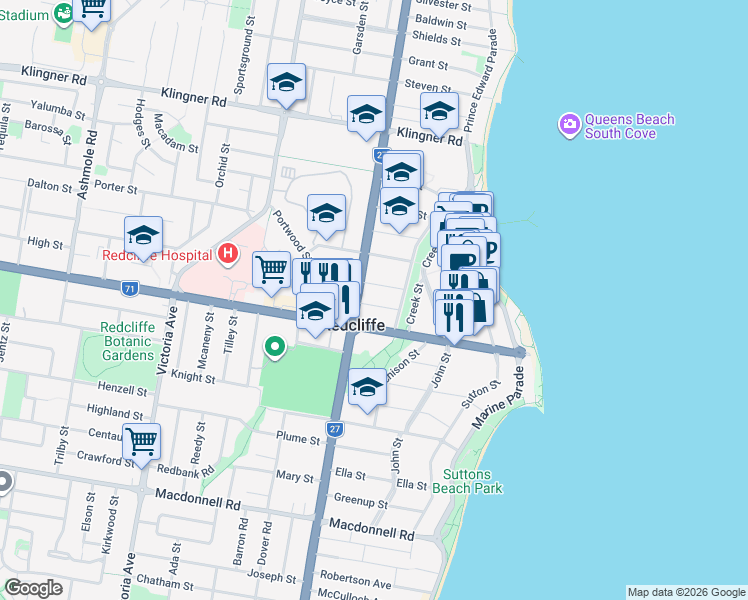 map of restaurants, bars, coffee shops, grocery stores, and more near 12 Manley Street in Redcliffe