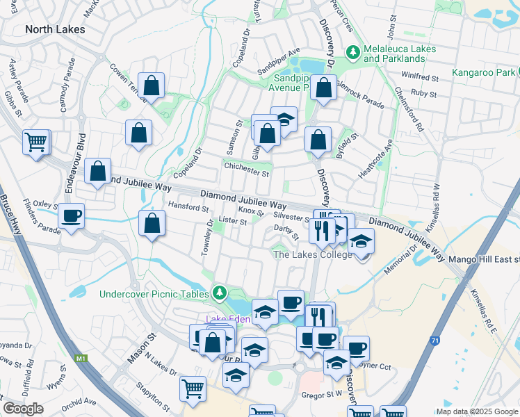 map of restaurants, bars, coffee shops, grocery stores, and more near 6 Knox Street in North Lakes