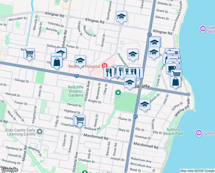 map of restaurants, bars, coffee shops, grocery stores, and more near 38 Tilley Street in Redcliffe