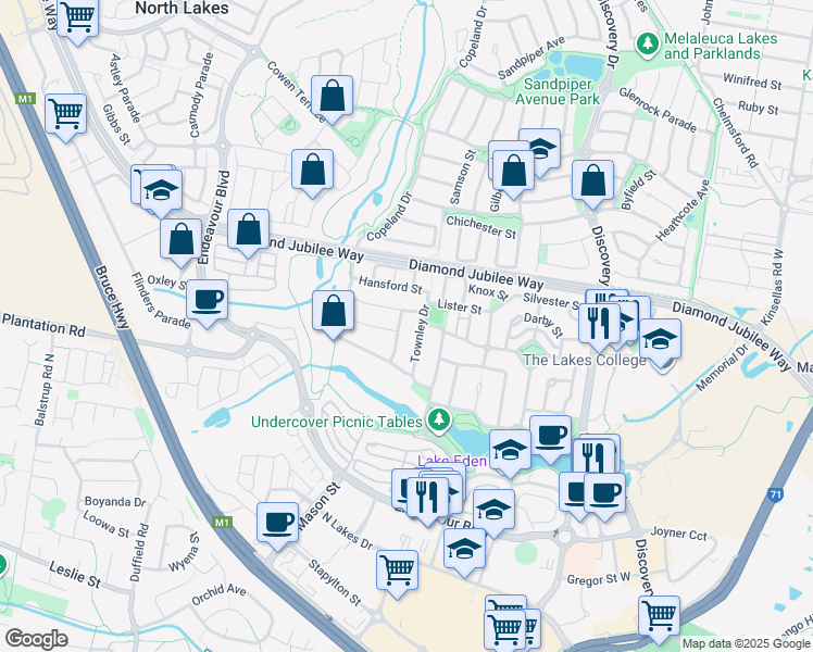 map of restaurants, bars, coffee shops, grocery stores, and more near 16 Nicholas Street in North Lakes