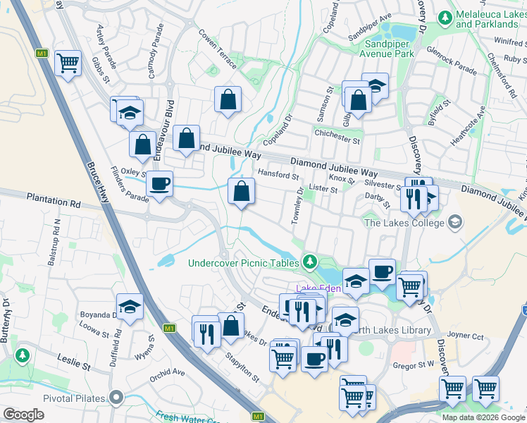 map of restaurants, bars, coffee shops, grocery stores, and more near 22 Copeland Drive in North Lakes