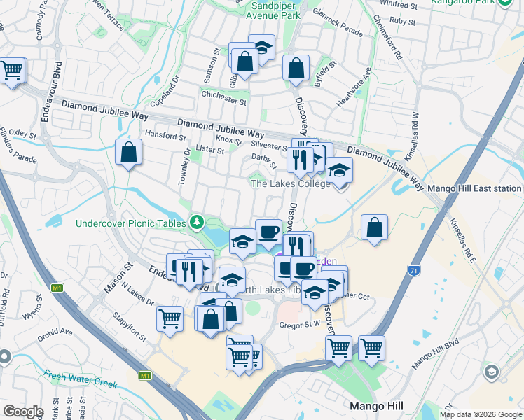 map of restaurants, bars, coffee shops, grocery stores, and more near 3 Cooksland Crescent in North Lakes