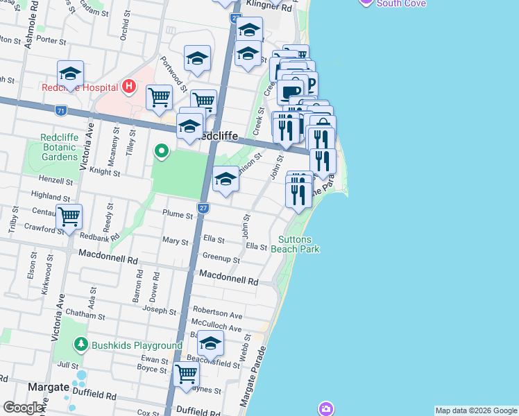 map of restaurants, bars, coffee shops, grocery stores, and more near 16 Sydney Street in Redcliffe