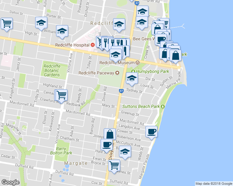 map of restaurants, bars, coffee shops, grocery stores, and more near 2A Plume Street in Redcliffe