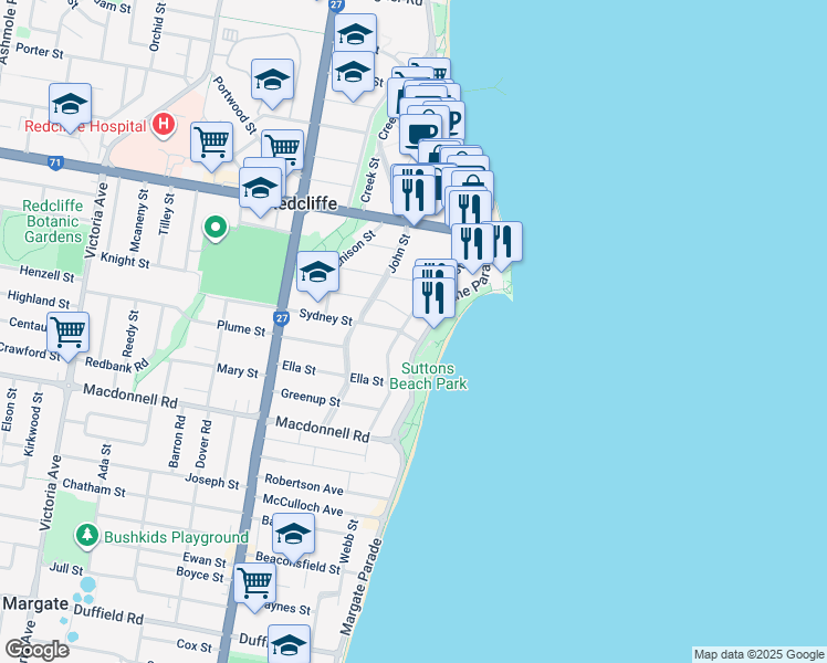 map of restaurants, bars, coffee shops, grocery stores, and more near 55 Marine Parade in Redcliffe