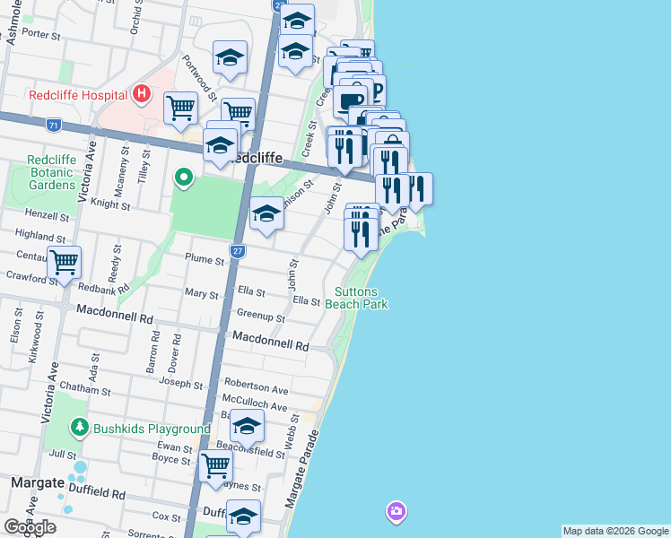 map of restaurants, bars, coffee shops, grocery stores, and more near 1 Sydney Street in Redcliffe