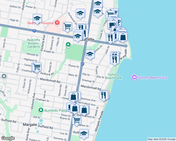 map of restaurants, bars, coffee shops, grocery stores, and more near 19 Jamieson Street in Redcliffe
