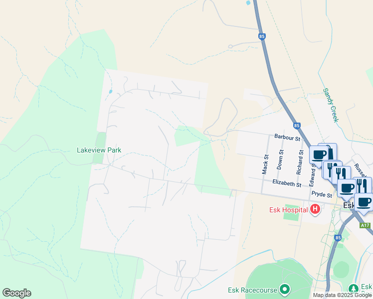 map of restaurants, bars, coffee shops, grocery stores, and more near 26 Burnside Court in Esk