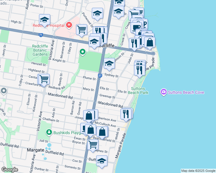 map of restaurants, bars, coffee shops, grocery stores, and more near 18 Ella Street in Redcliffe