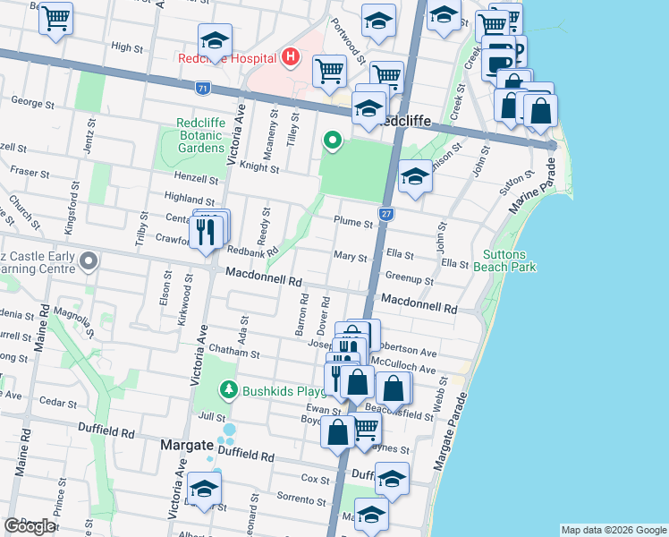 map of restaurants, bars, coffee shops, grocery stores, and more near 94A Dover Road in Redcliffe