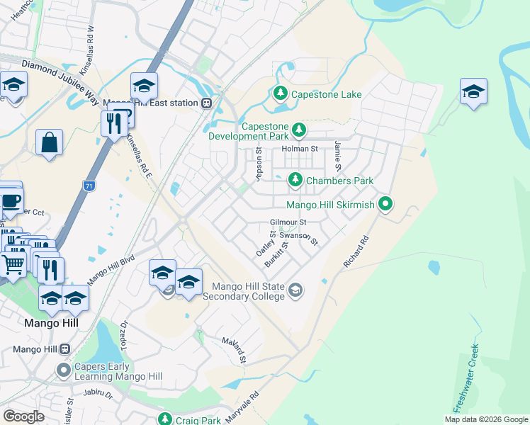 map of restaurants, bars, coffee shops, grocery stores, and more near 40 Campbell Drive in Mango Hill