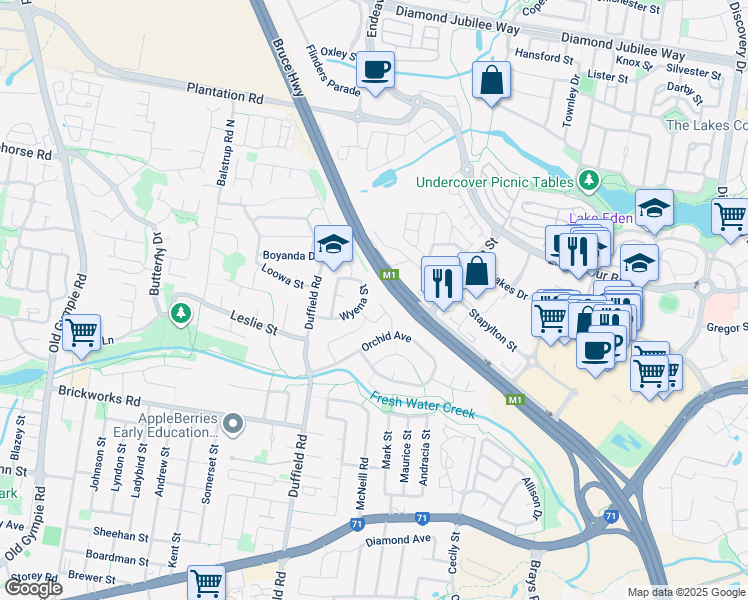 map of restaurants, bars, coffee shops, grocery stores, and more near 11 Lemonwood Court in Kallangur