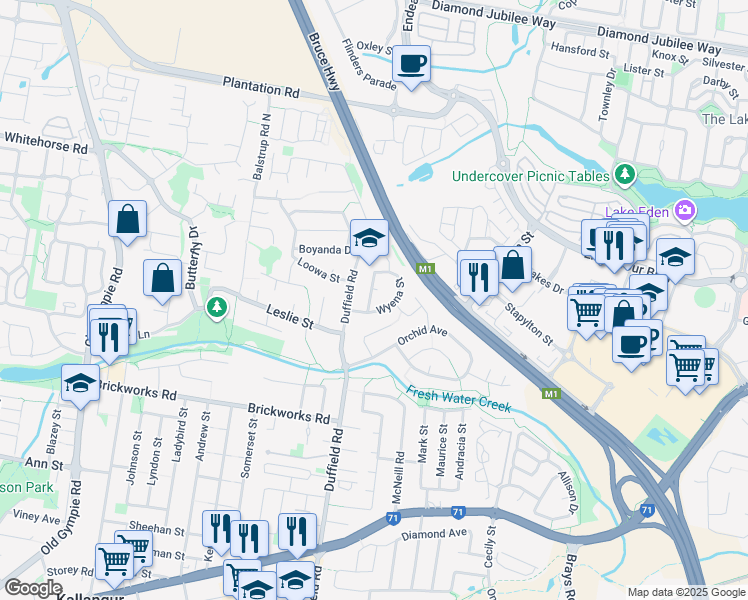 map of restaurants, bars, coffee shops, grocery stores, and more near 35 Wyena Street in Kallangur