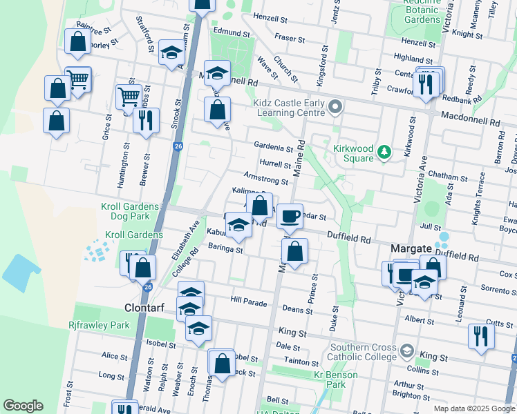 map of restaurants, bars, coffee shops, grocery stores, and more near Alkooie Avenue in Clontarf