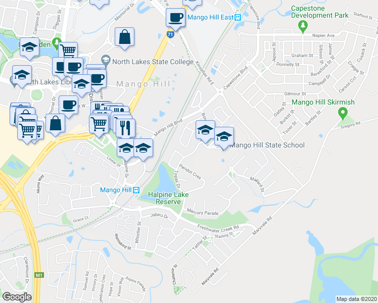 map of restaurants, bars, coffee shops, grocery stores, and more near 45 Topaz Drive in Mango Hill
