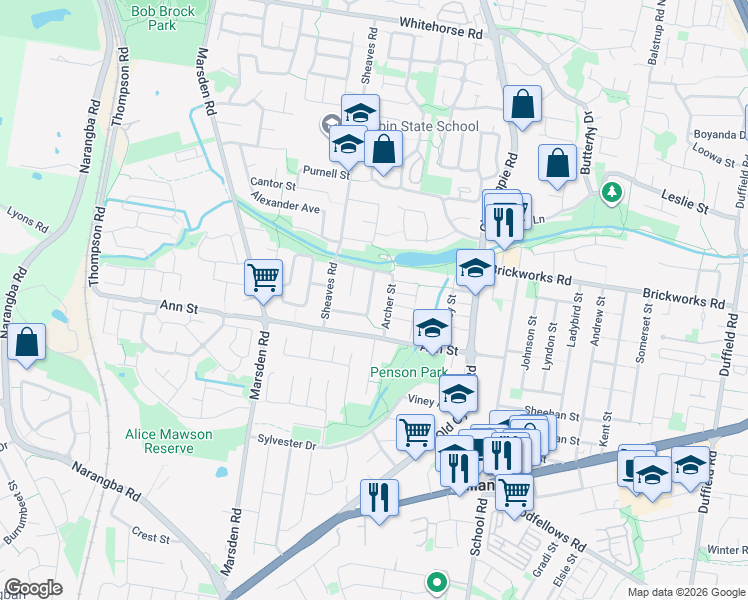 map of restaurants, bars, coffee shops, grocery stores, and more near 26 Olivia Drive in Kallangur