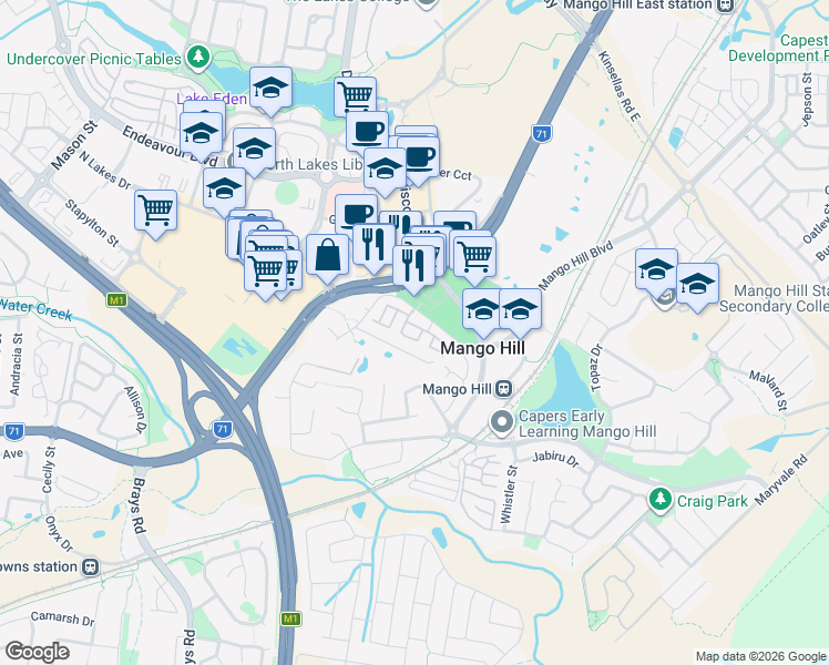 map of restaurants, bars, coffee shops, grocery stores, and more near 1 Linear Drive in Mango Hill