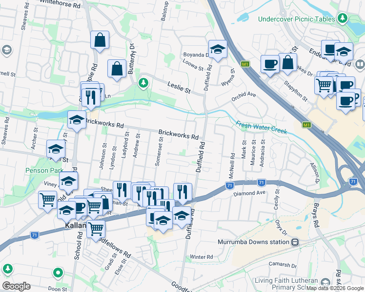 map of restaurants, bars, coffee shops, grocery stores, and more near 100 Brickworks Road in Kallangur