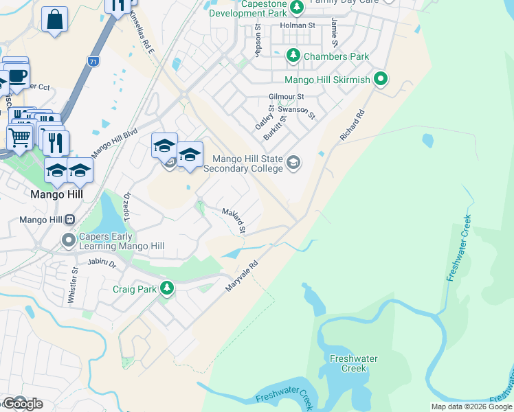 map of restaurants, bars, coffee shops, grocery stores, and more near 20 Mariana Court in Mango Hill