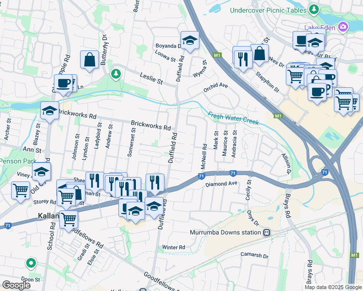 map of restaurants, bars, coffee shops, grocery stores, and more near 137 Duffield Road in Kallangur