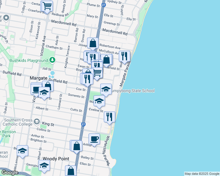 map of restaurants, bars, coffee shops, grocery stores, and more near 4 Duffield Road in Margate