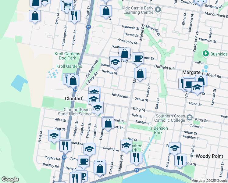 map of restaurants, bars, coffee shops, grocery stores, and more near 19 Lucinda Street in Clontarf