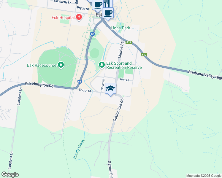 map of restaurants, bars, coffee shops, grocery stores, and more near 6 Kelly Court in Esk