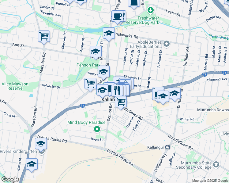 map of restaurants, bars, coffee shops, grocery stores, and more near 130 School Road in Kallangur