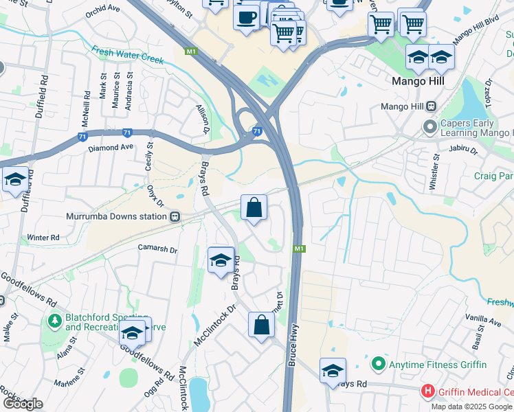 map of restaurants, bars, coffee shops, grocery stores, and more near 25 Claremont Drive in Murrumba Downs