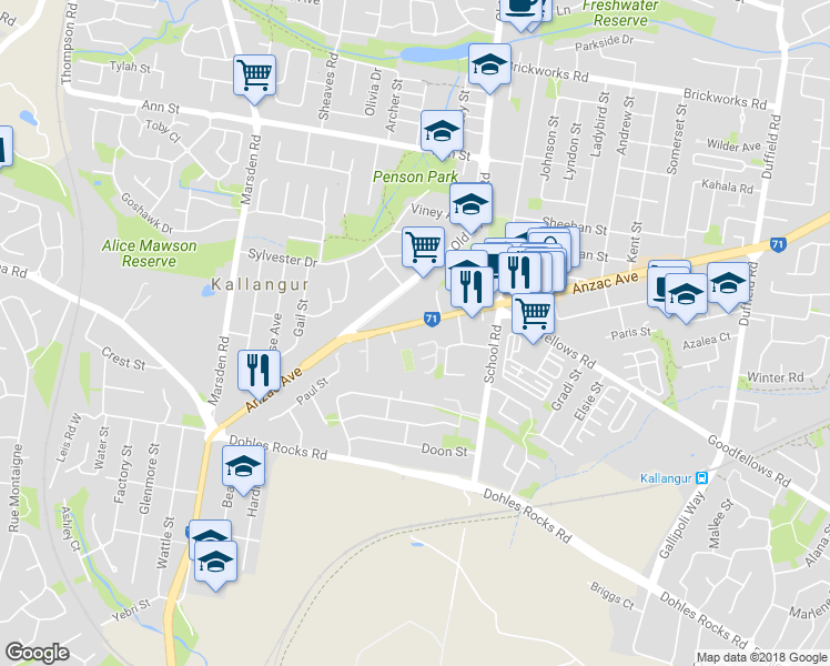 map of restaurants, bars, coffee shops, grocery stores, and more near 1355 Anzac Avenue in Kallangur