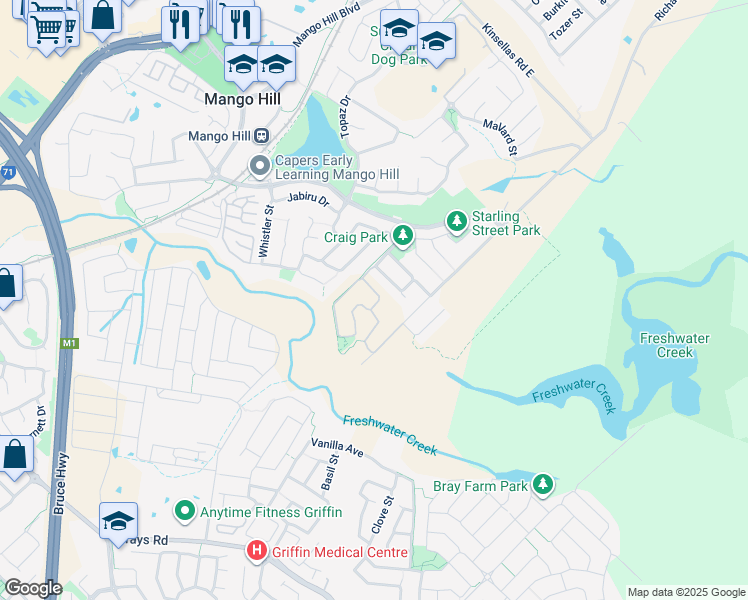 map of restaurants, bars, coffee shops, grocery stores, and more near 50 Tattler Street in Mango Hill