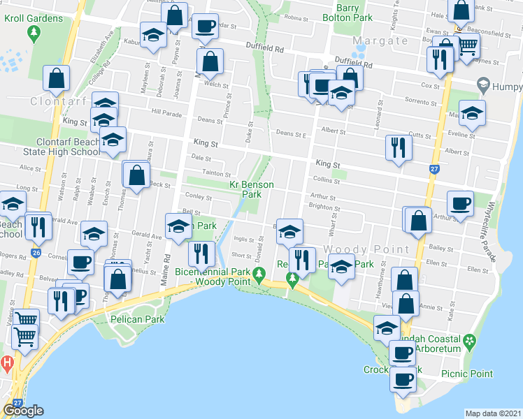 map of restaurants, bars, coffee shops, grocery stores, and more near 49A Donald Street in Woody Point