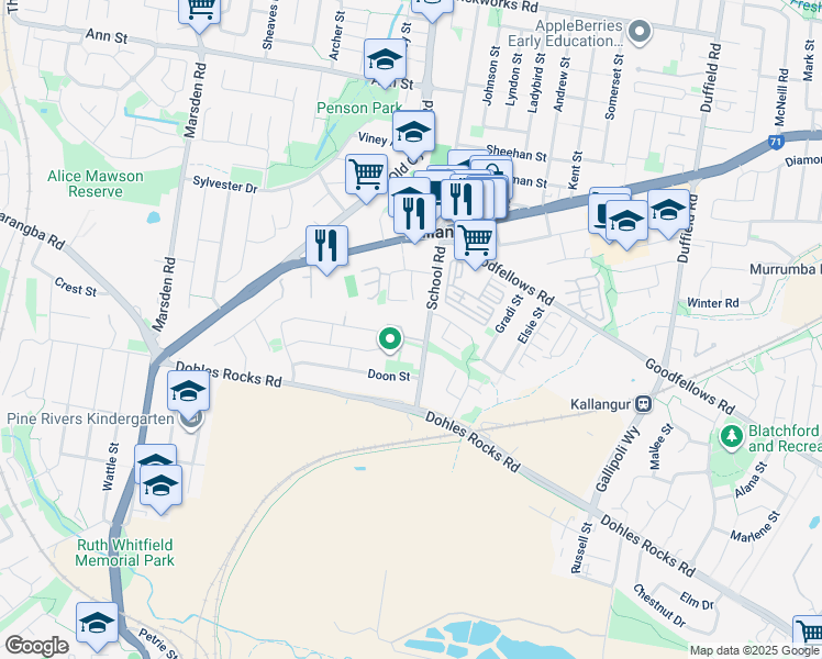 map of restaurants, bars, coffee shops, grocery stores, and more near 75 School Road in Kallangur